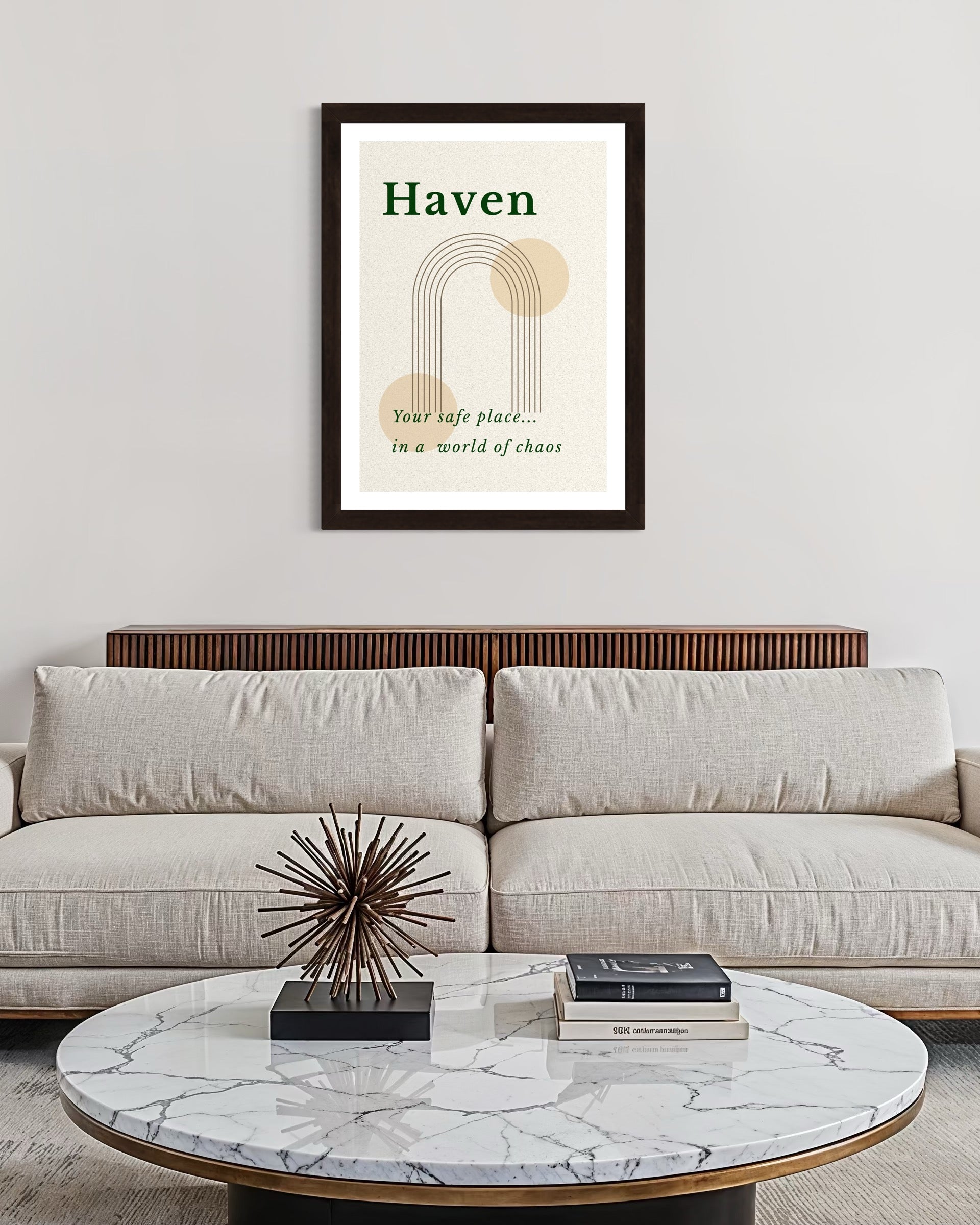 Framed artwork with 'Haven' on a wall above a sofa in a living room.