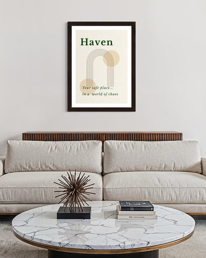 Framed artwork with 'Haven' on a wall above a sofa in a living room.