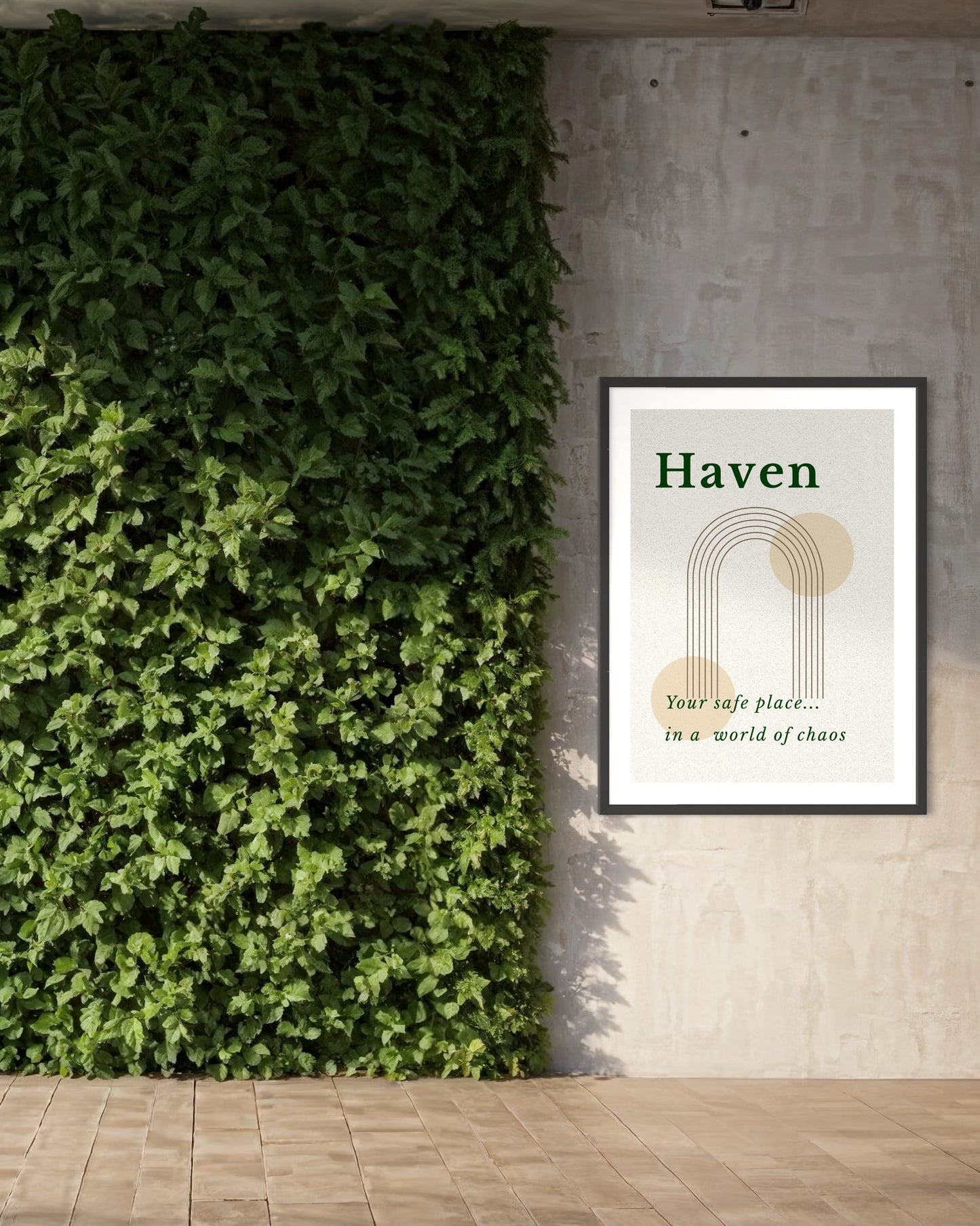 Framed artwork titled 'Haven' on a wall next to a green plant.