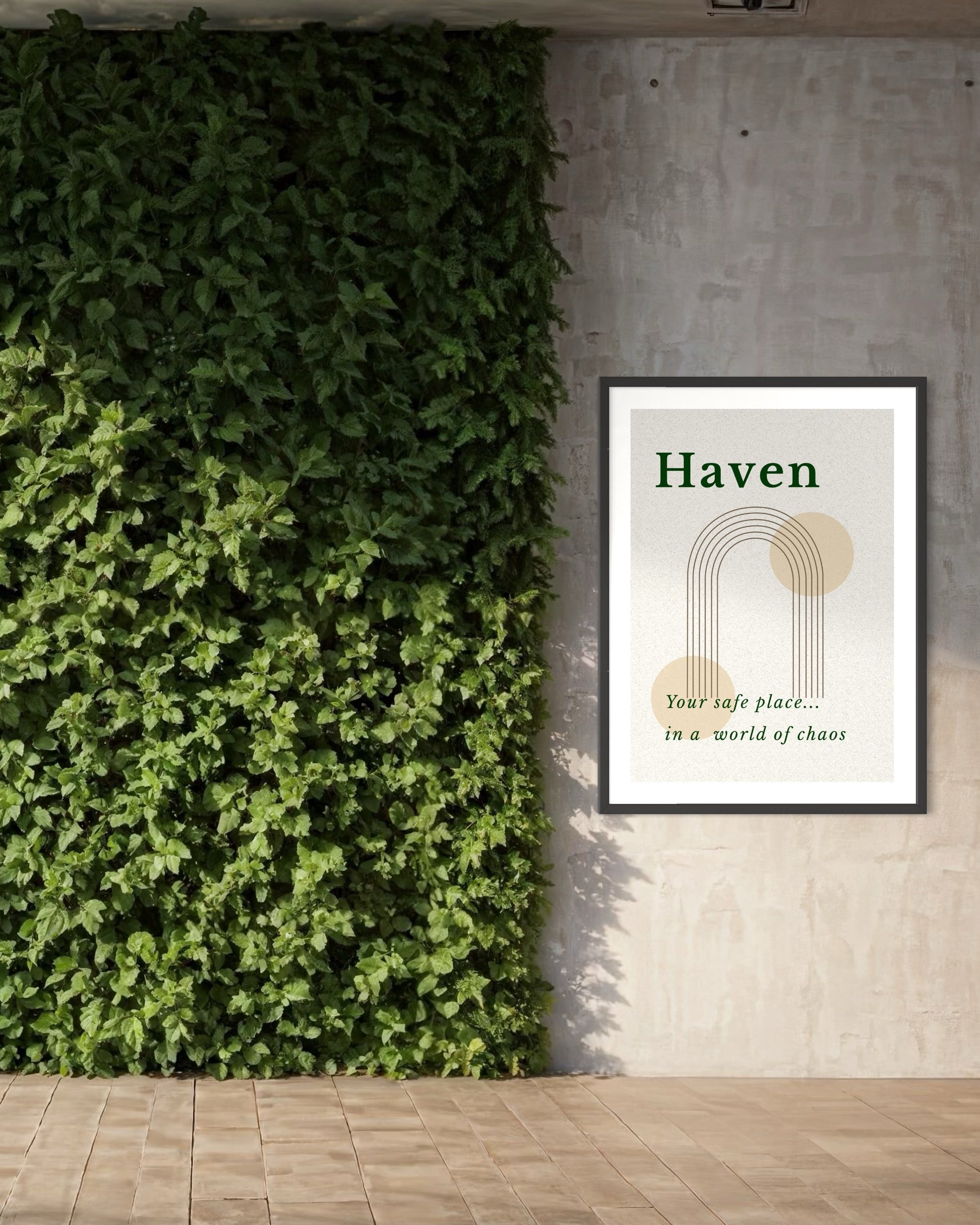 Framed artwork titled 'Haven' on a wall next to a green plant.