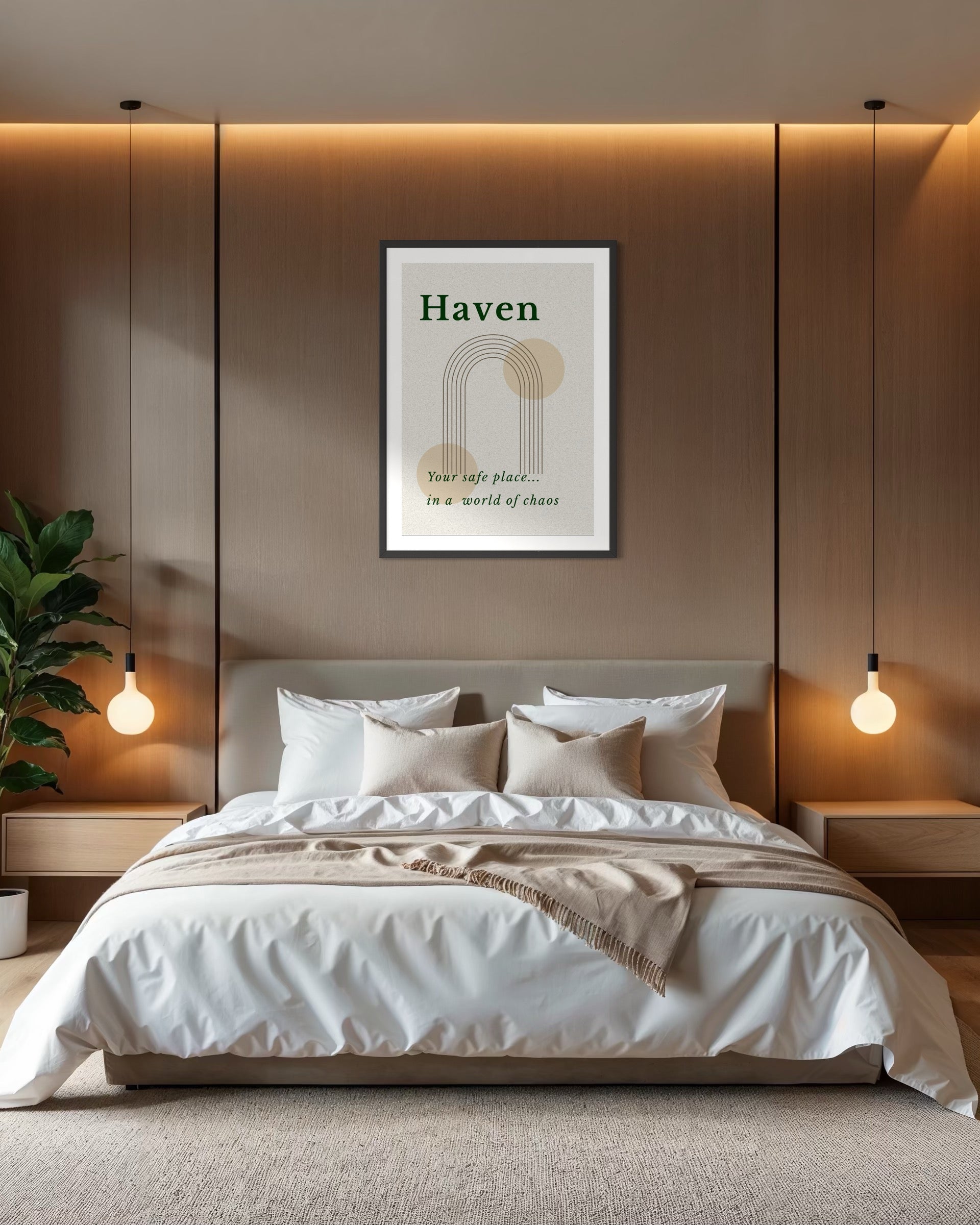 Modern bedroom with a bed, wall art, and soft lighting