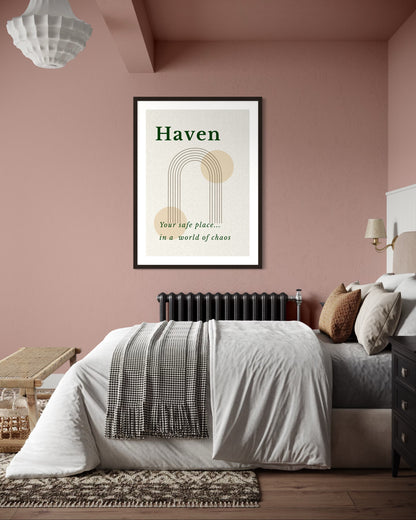 Bedroom with a 'Haven' framed poster on the wall