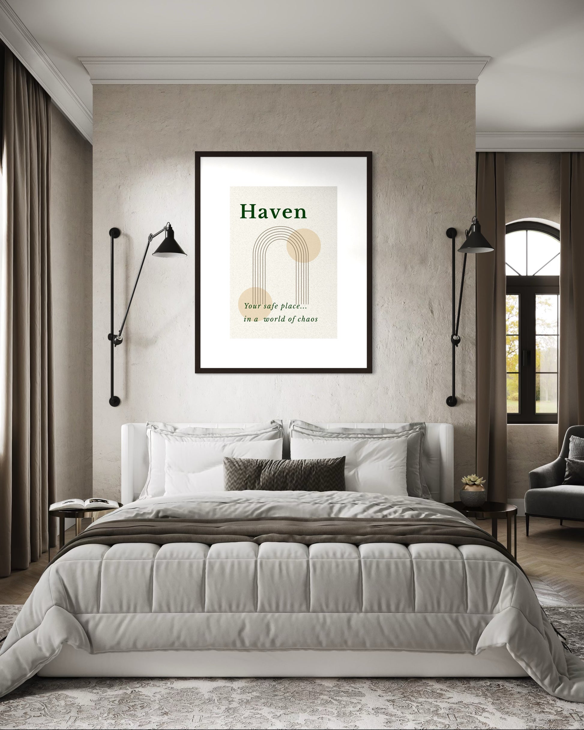 Modern bedroom with a bed, wall art, and side lamps.