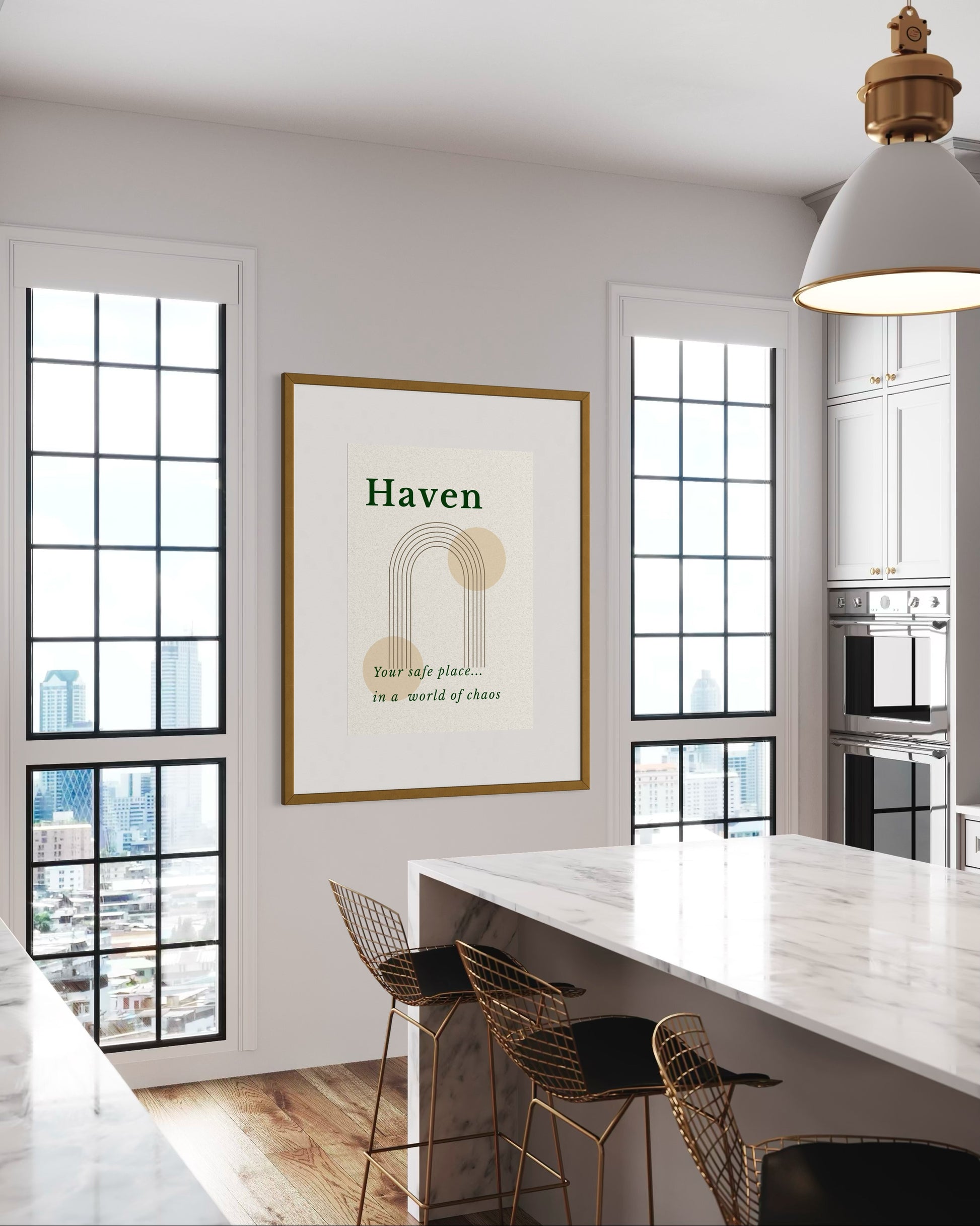 Modern kitchen with marble island, gold bar stools, and framed artwork on the wall.