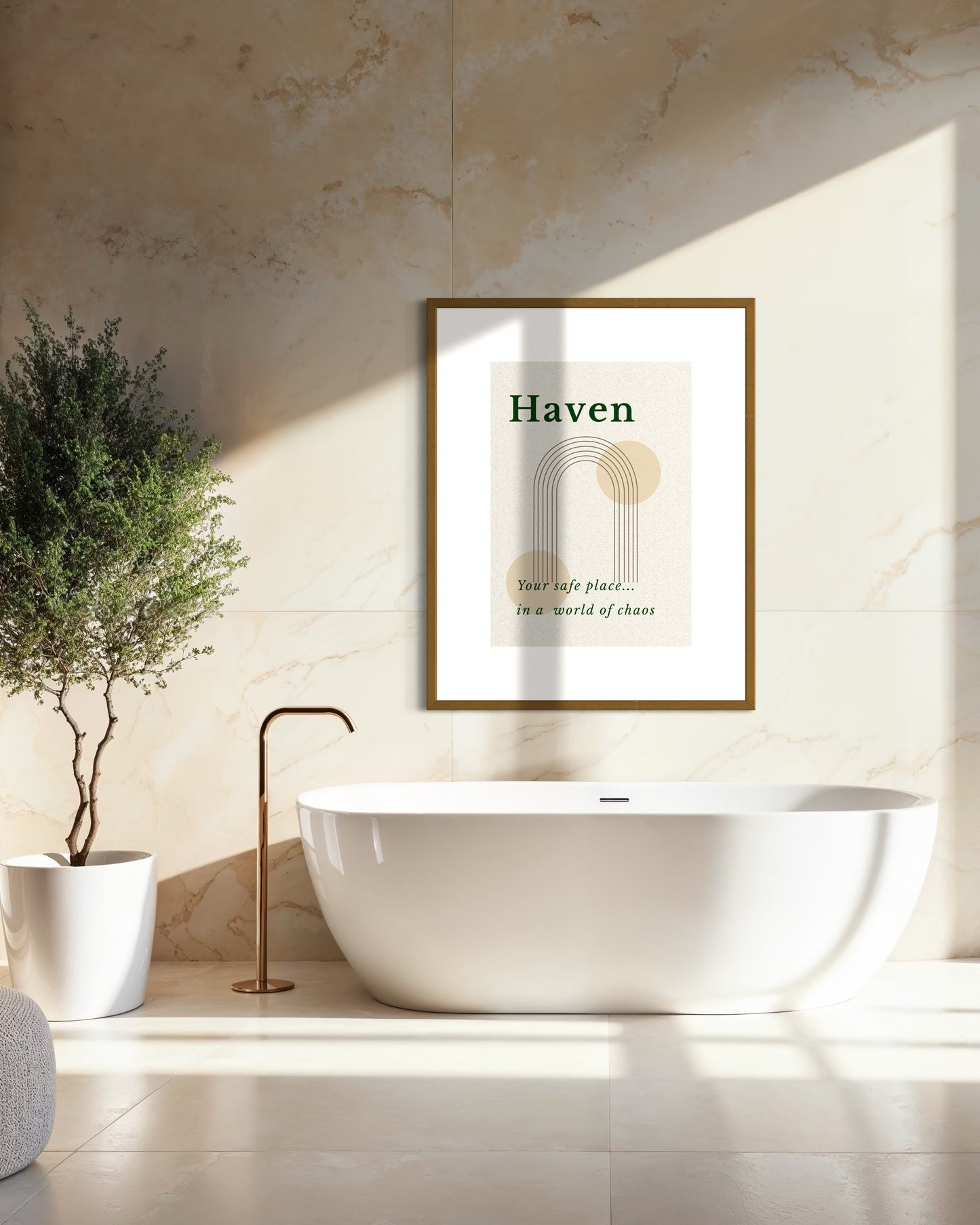 Bathroom interior with a framed artwork titled 'Haven' on the wall.
