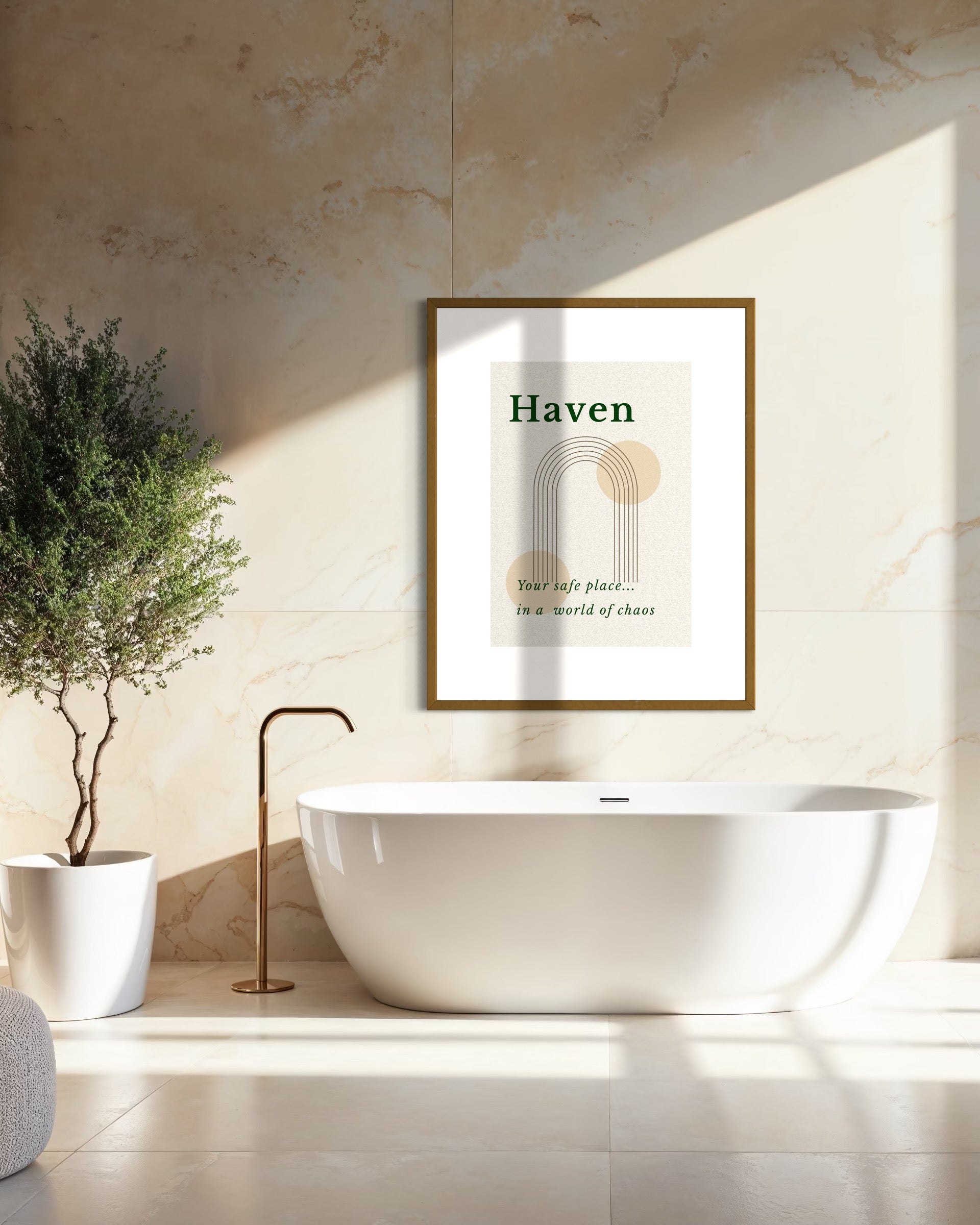 Bathroom interior with a framed artwork titled 'Haven' on the wall.