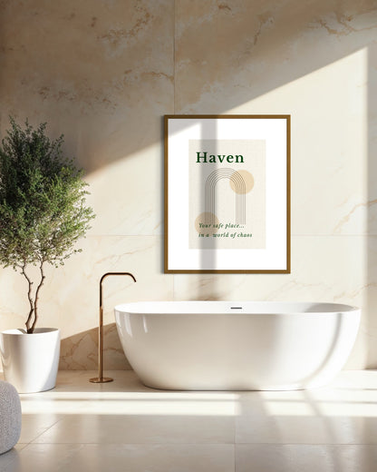 Bathroom interior with a framed artwork titled 'Haven' on the wall.