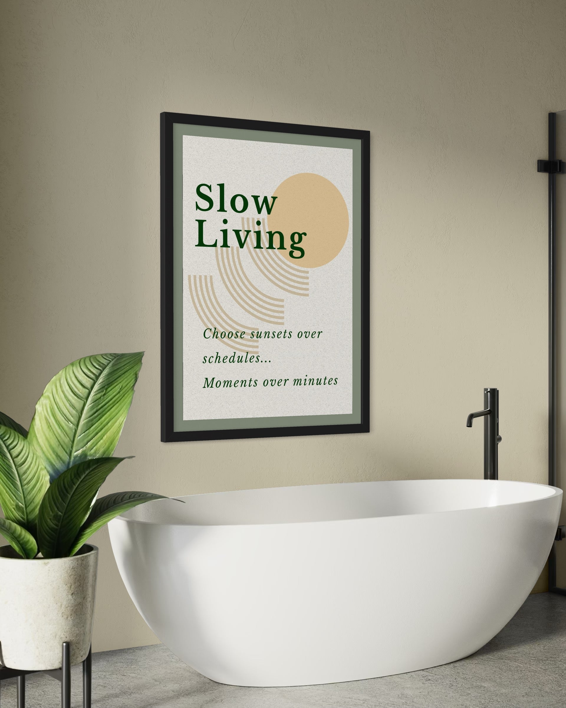 Framed 'Slow Living' poster above a modern white bathtub with a plant on a gray floor.