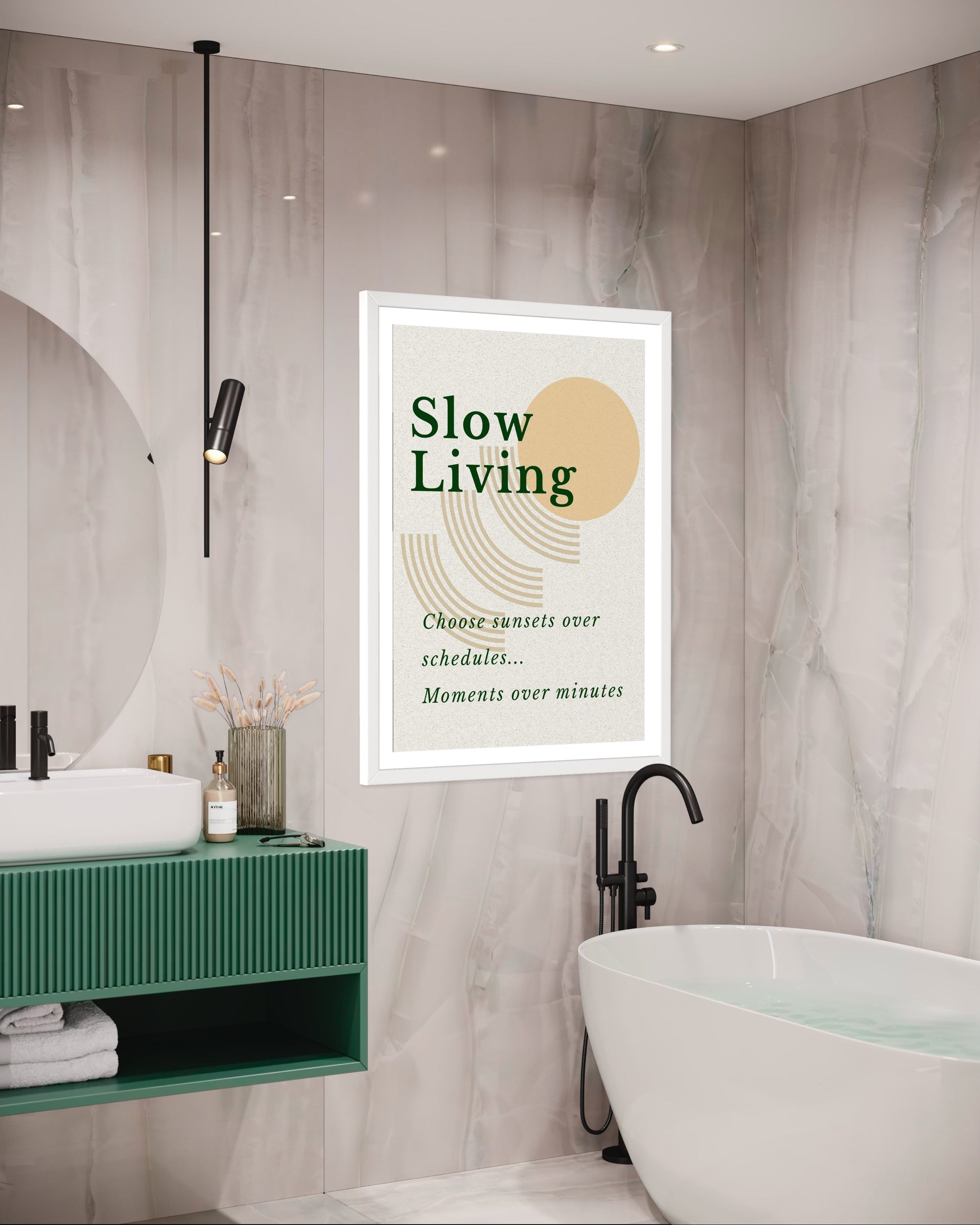 Bathroom interior with a 'Slow Living' poster on the wall