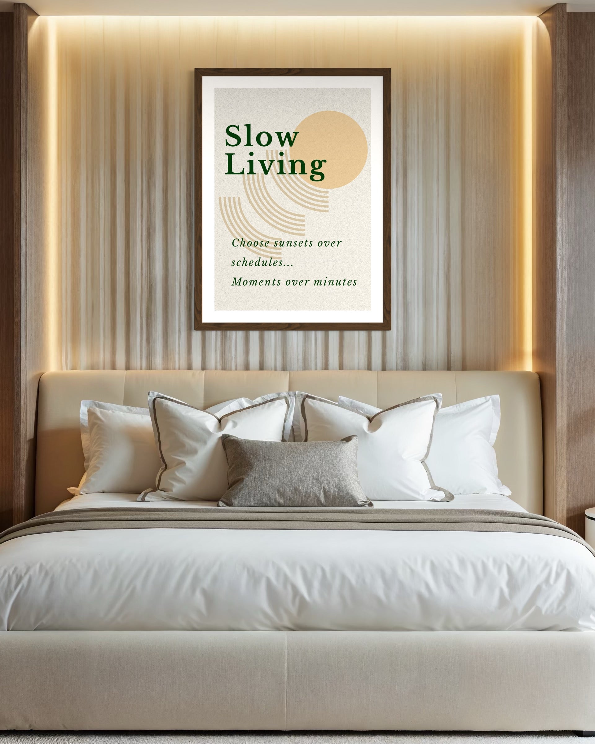 Bedroom with 'Slow Living' poster above bed