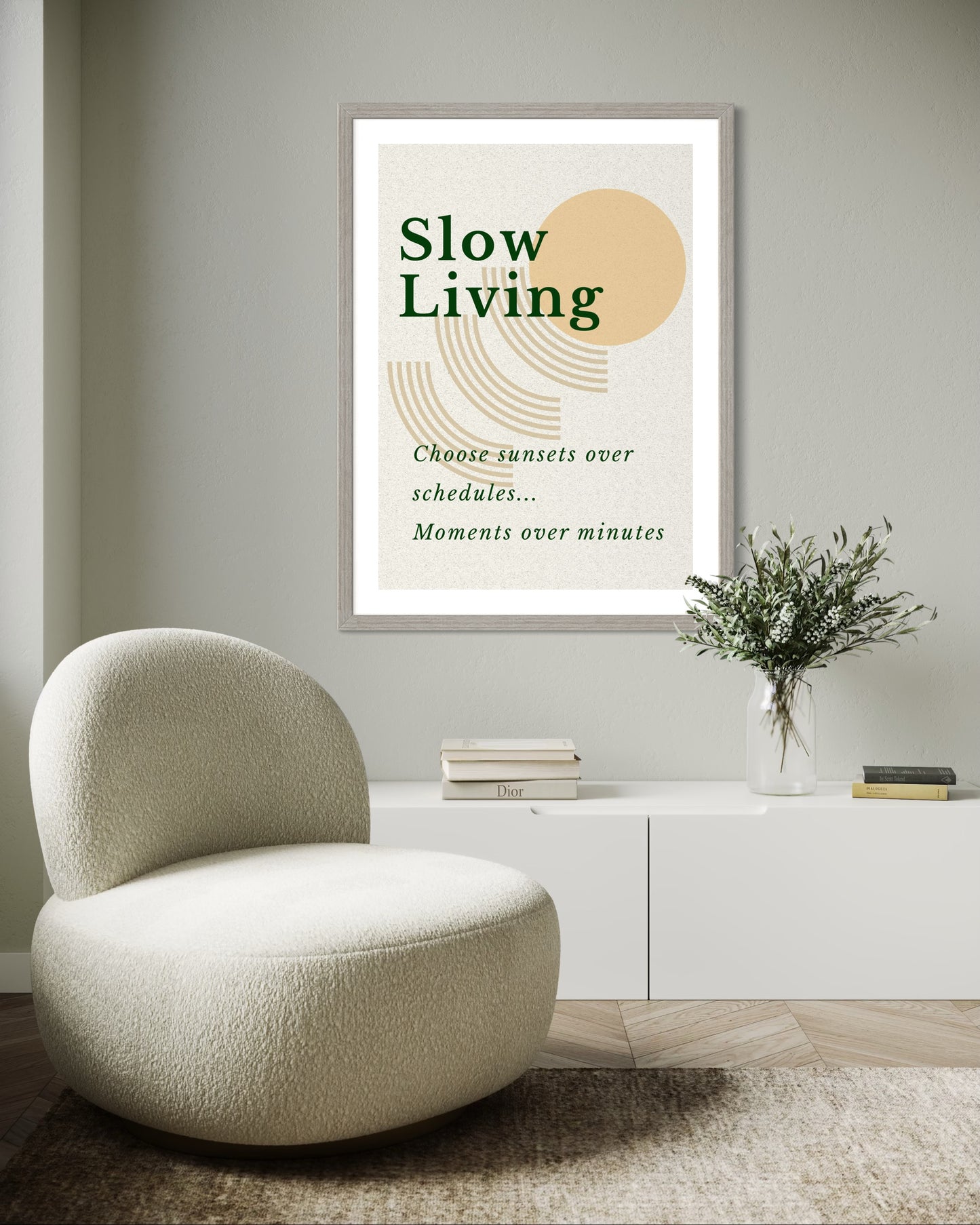 Modern living room with a 'Slow Living' poster on the wall, a textured chair, and a vase with plants.