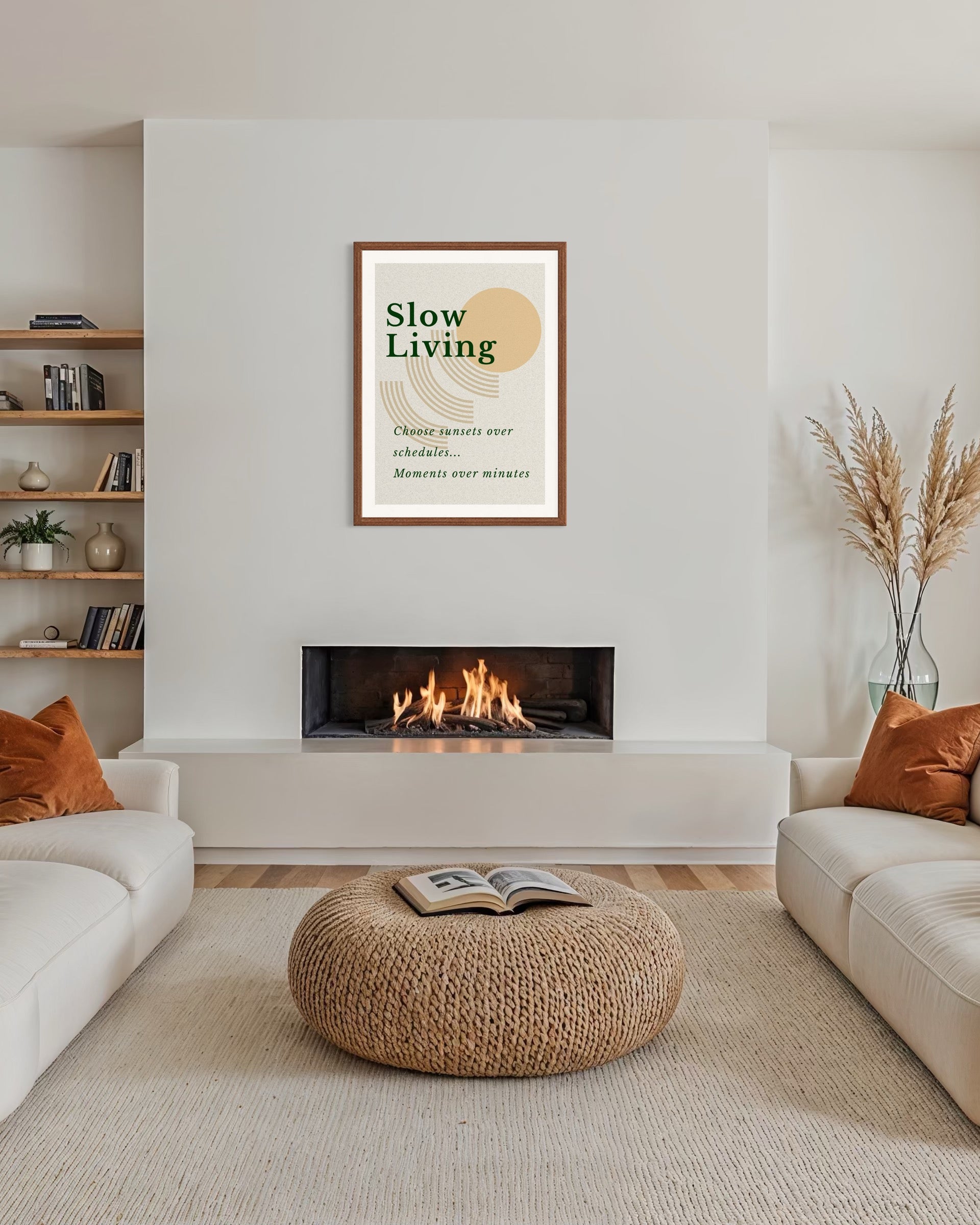 Living room with a fireplace, 'Slow Living' poster, and comfortable seating.