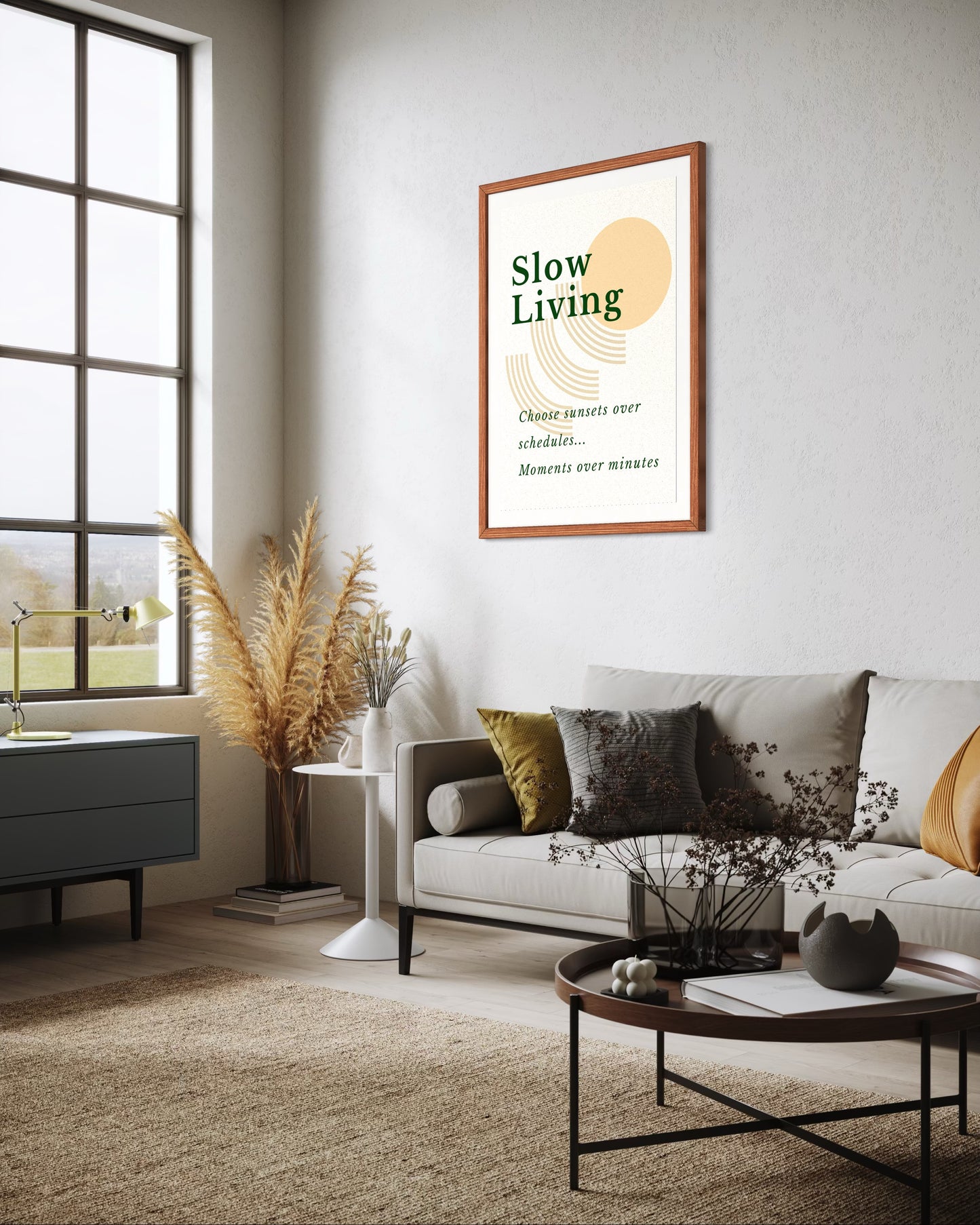 Living room with a 'Slow Living' framed print on the wall