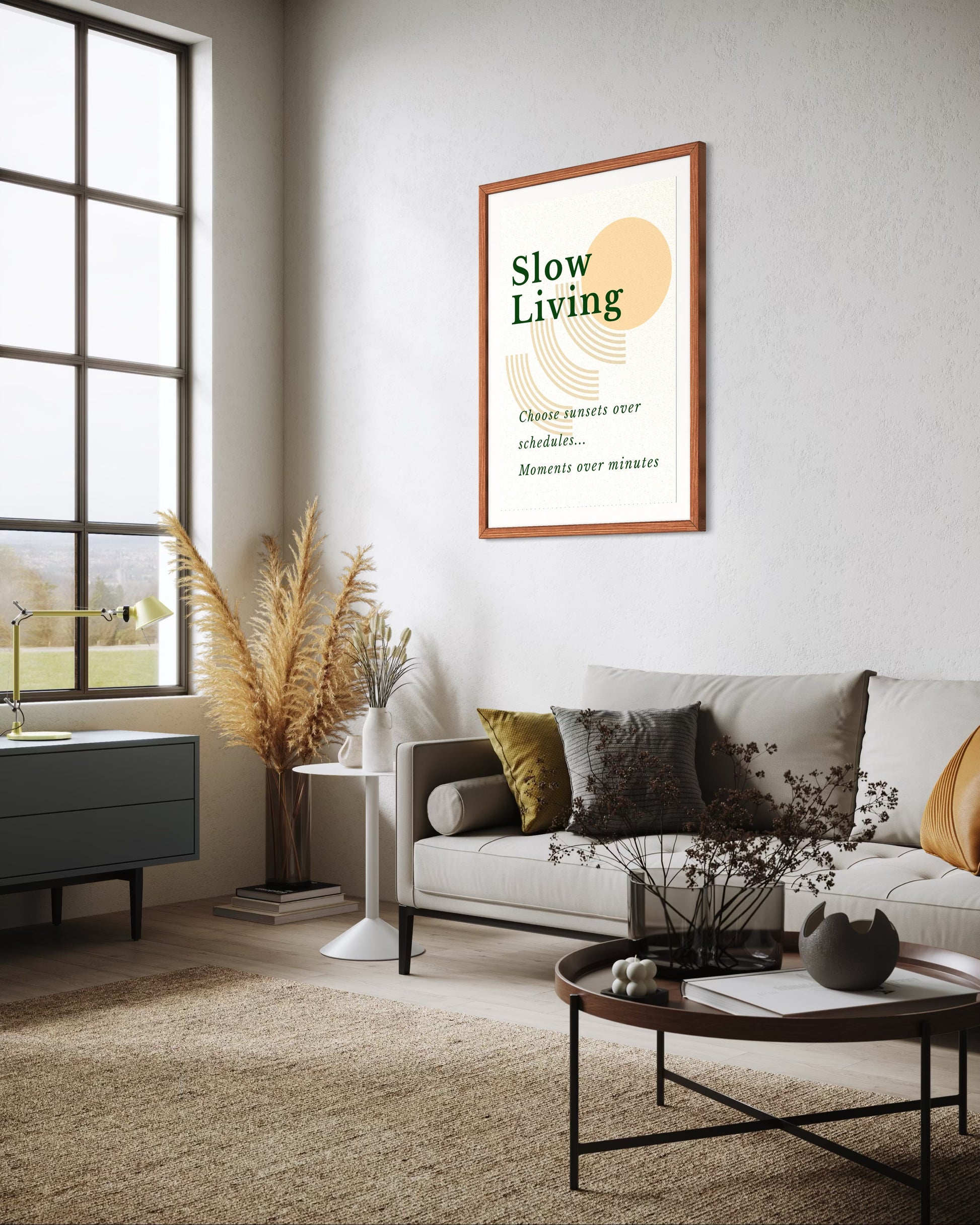 Living room with a 'Slow Living' framed print on the wall
