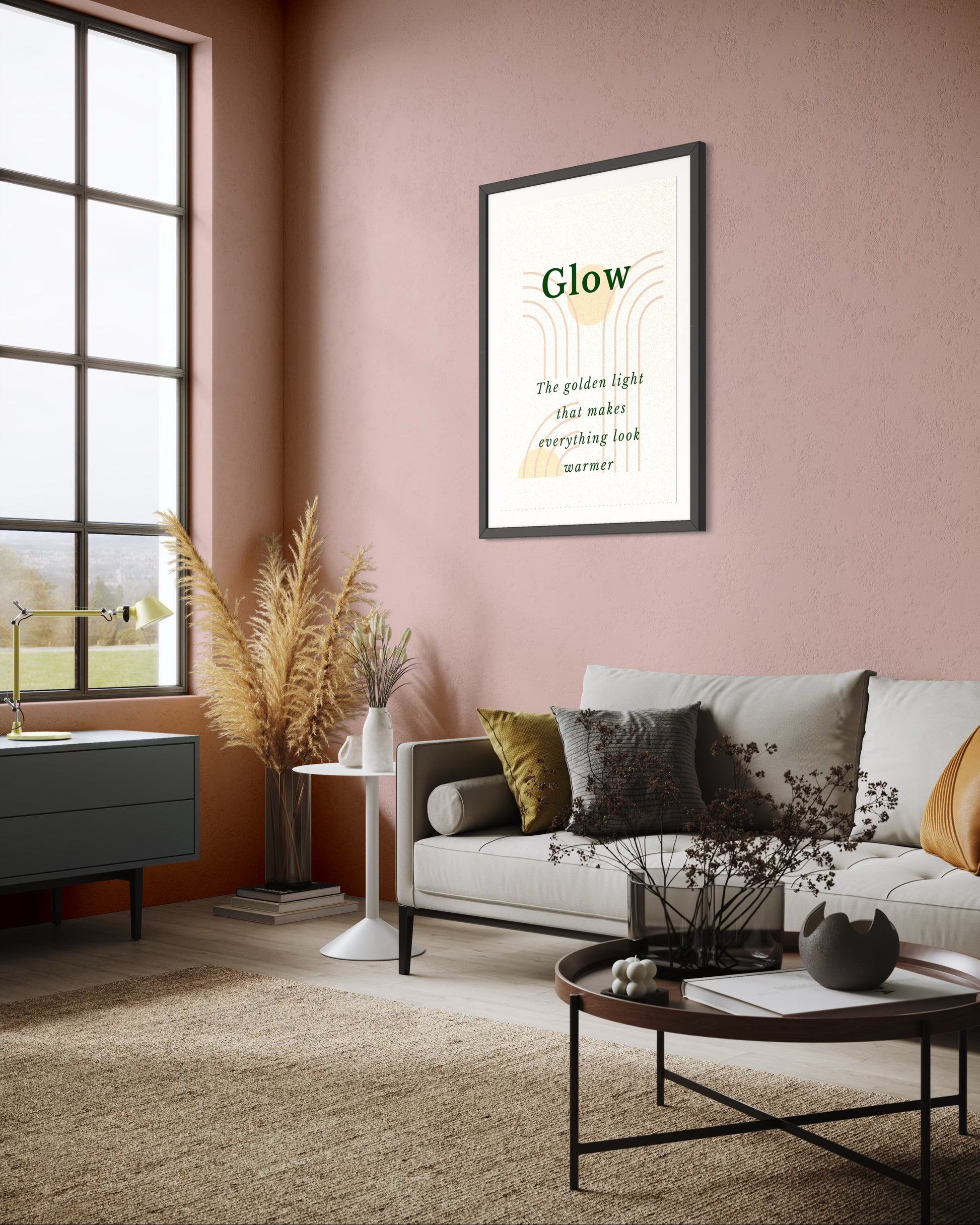Living room with a framed print on the wall, a sofa, and decorative elements.
