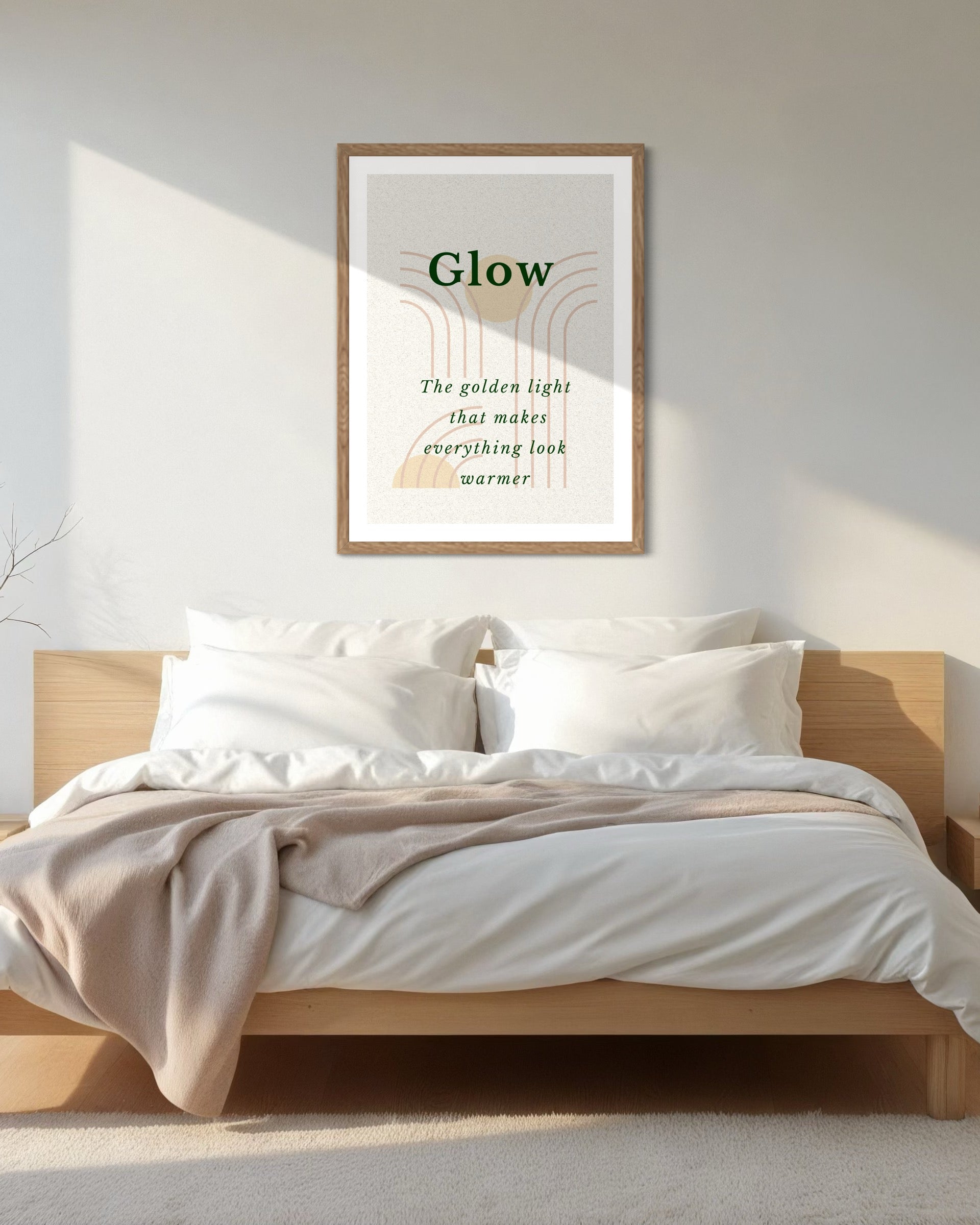 Bedroom with a wooden headboard and 'Glow' framed print on the wall.