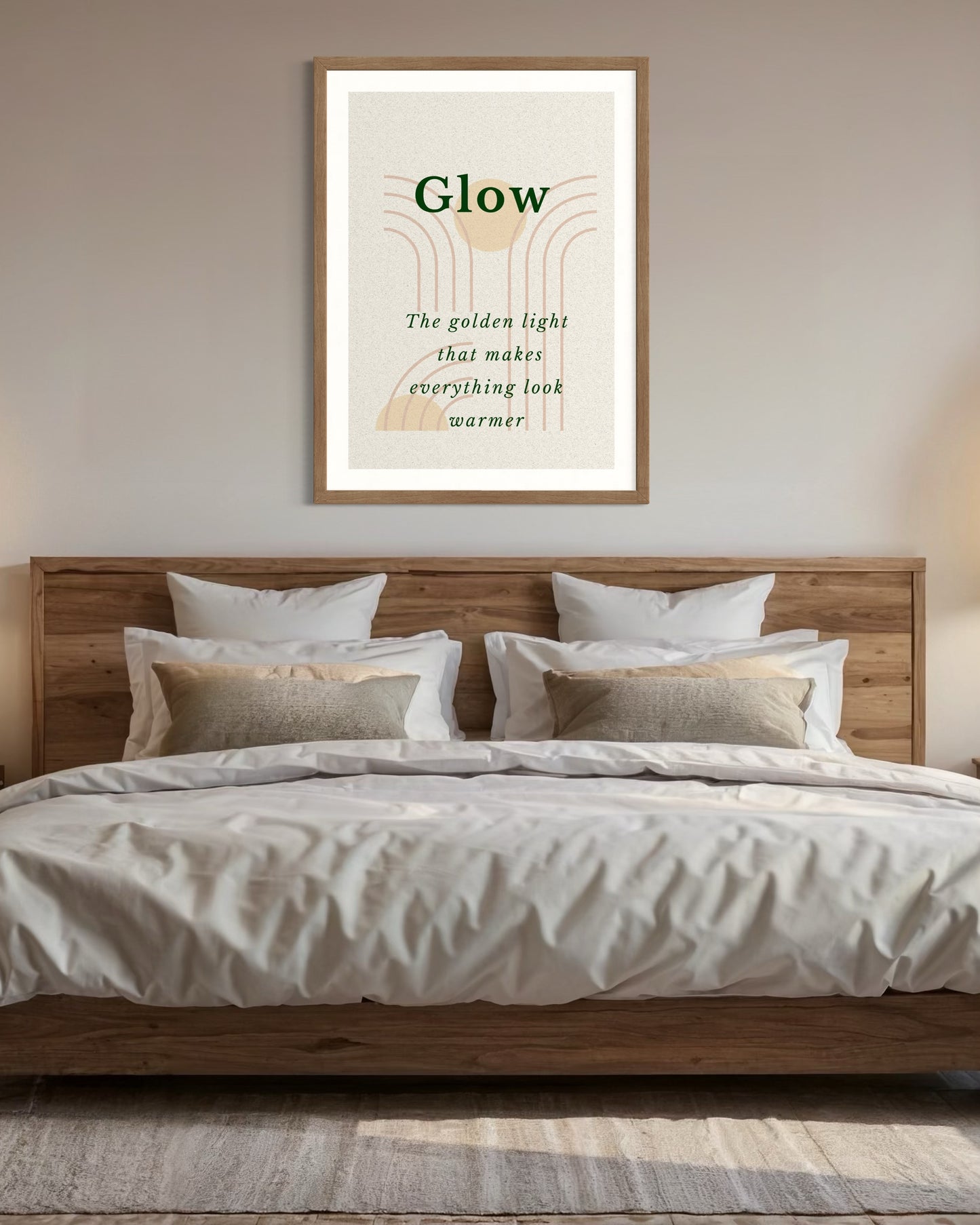 Bedroom with wooden headboard, white bedding, and framed artwork on wall.