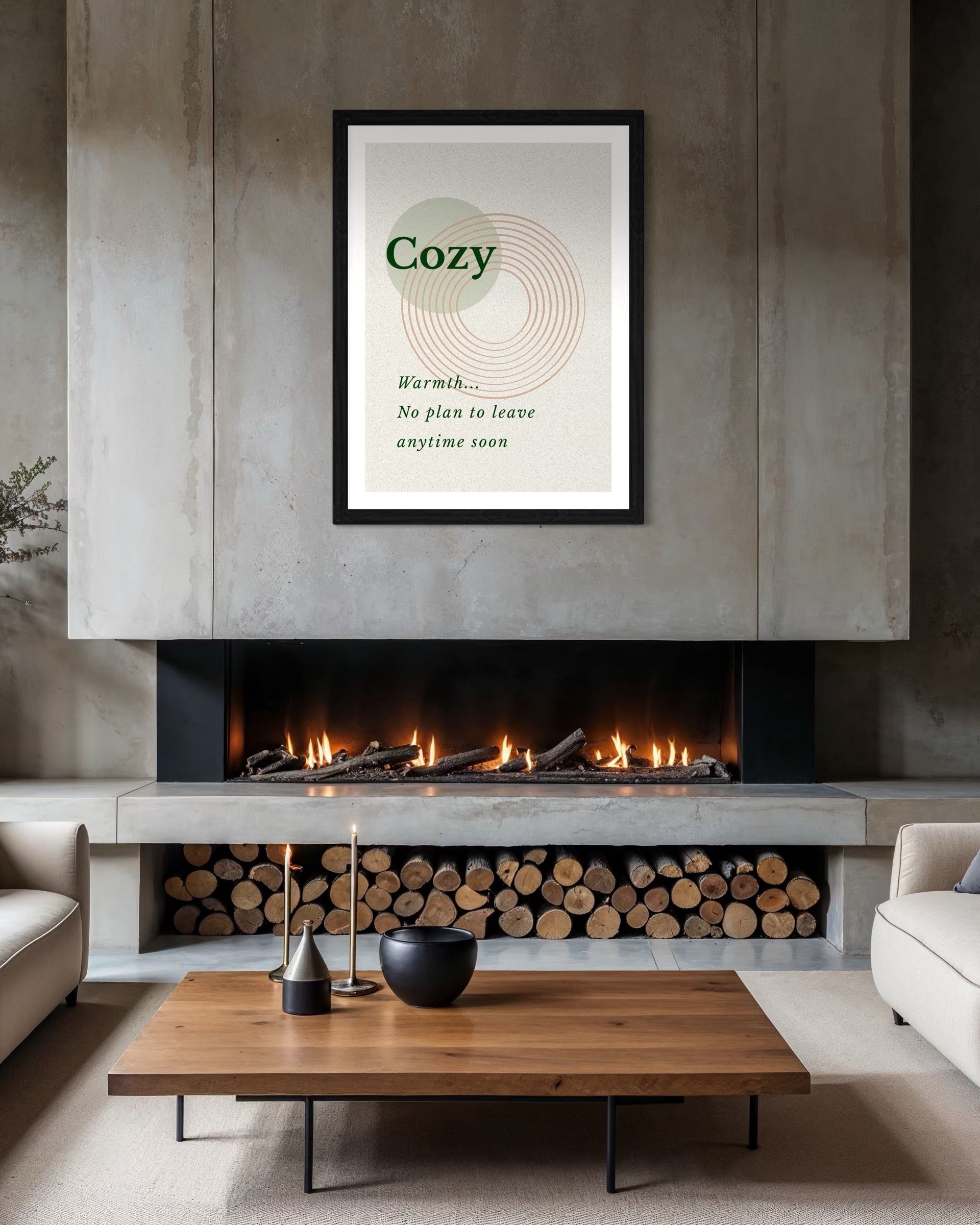 Modern living room with a fireplace, wooden coffee table, and framed artwork on the wall.