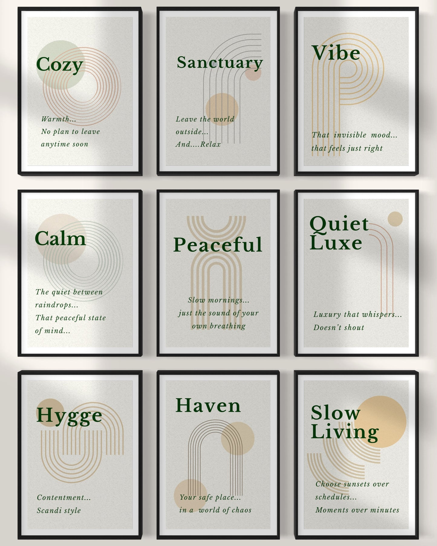 Set of framed prints with motivational phrases and abstract designs.