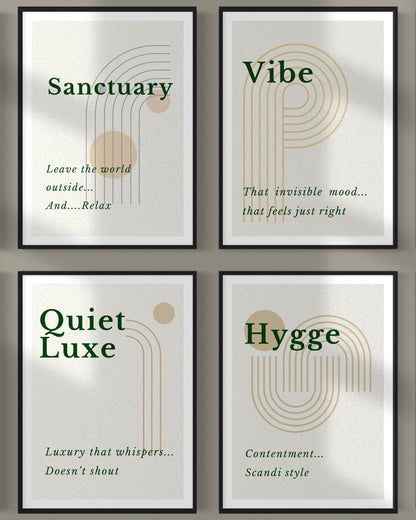 Four framed prints with text 'Sanctuary', 'Vibe', 'Quiet Luxe', and 'Hygge' on a neutral background.