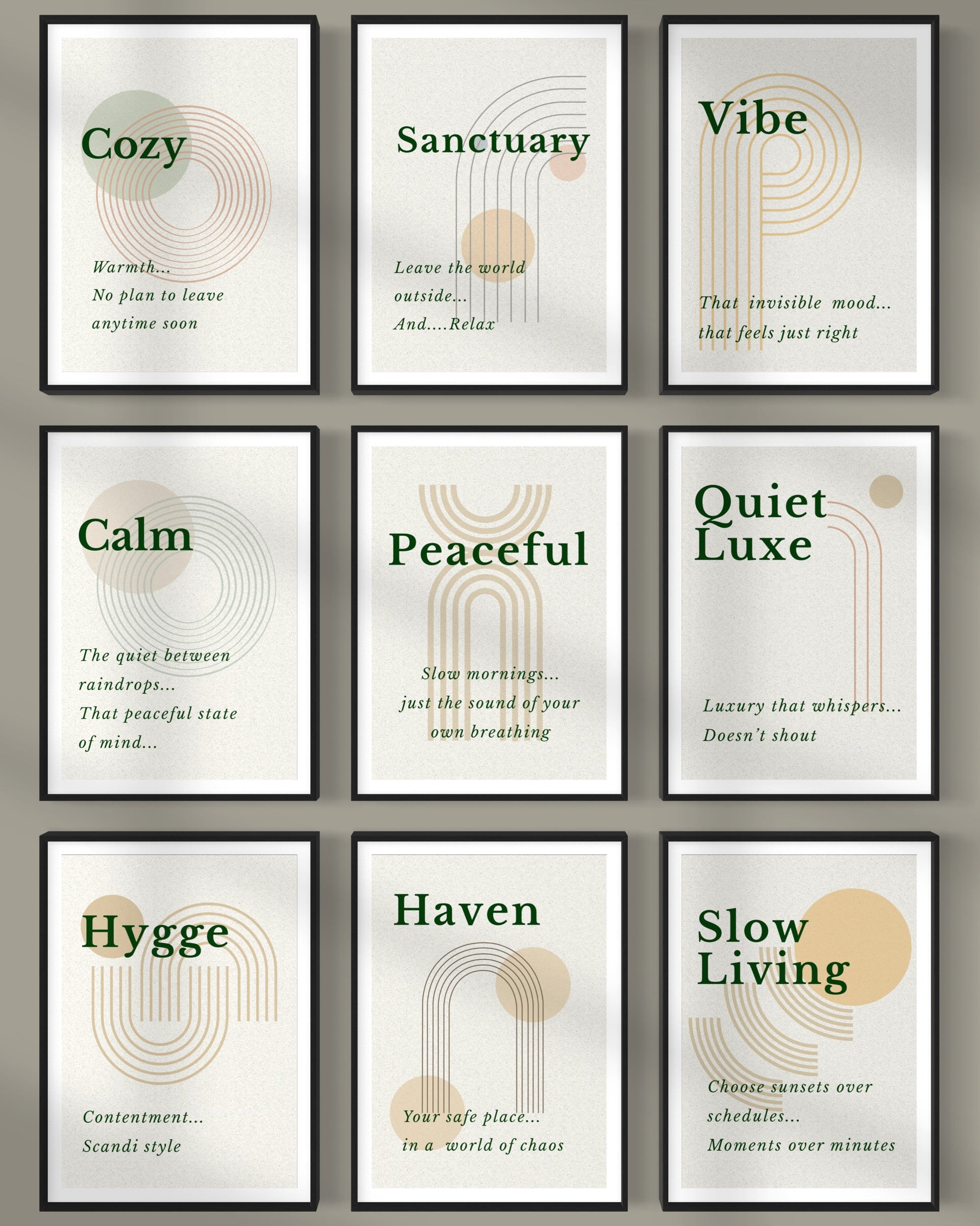 Set of nine framed prints with motivational phrases on a wall. Signature collection