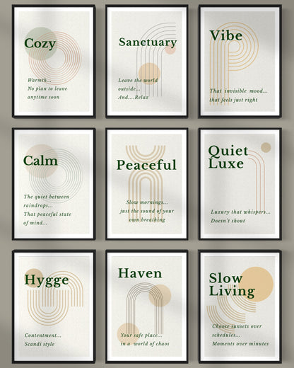 Set of nine framed prints with motivational phrases on a wall. Signature collection