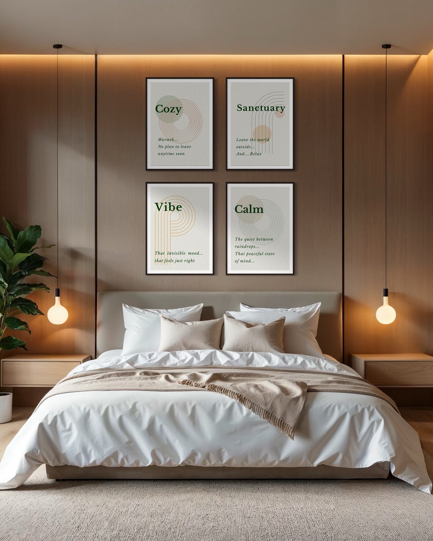 Modern bedroom with a bed, wall art, and soft lighting