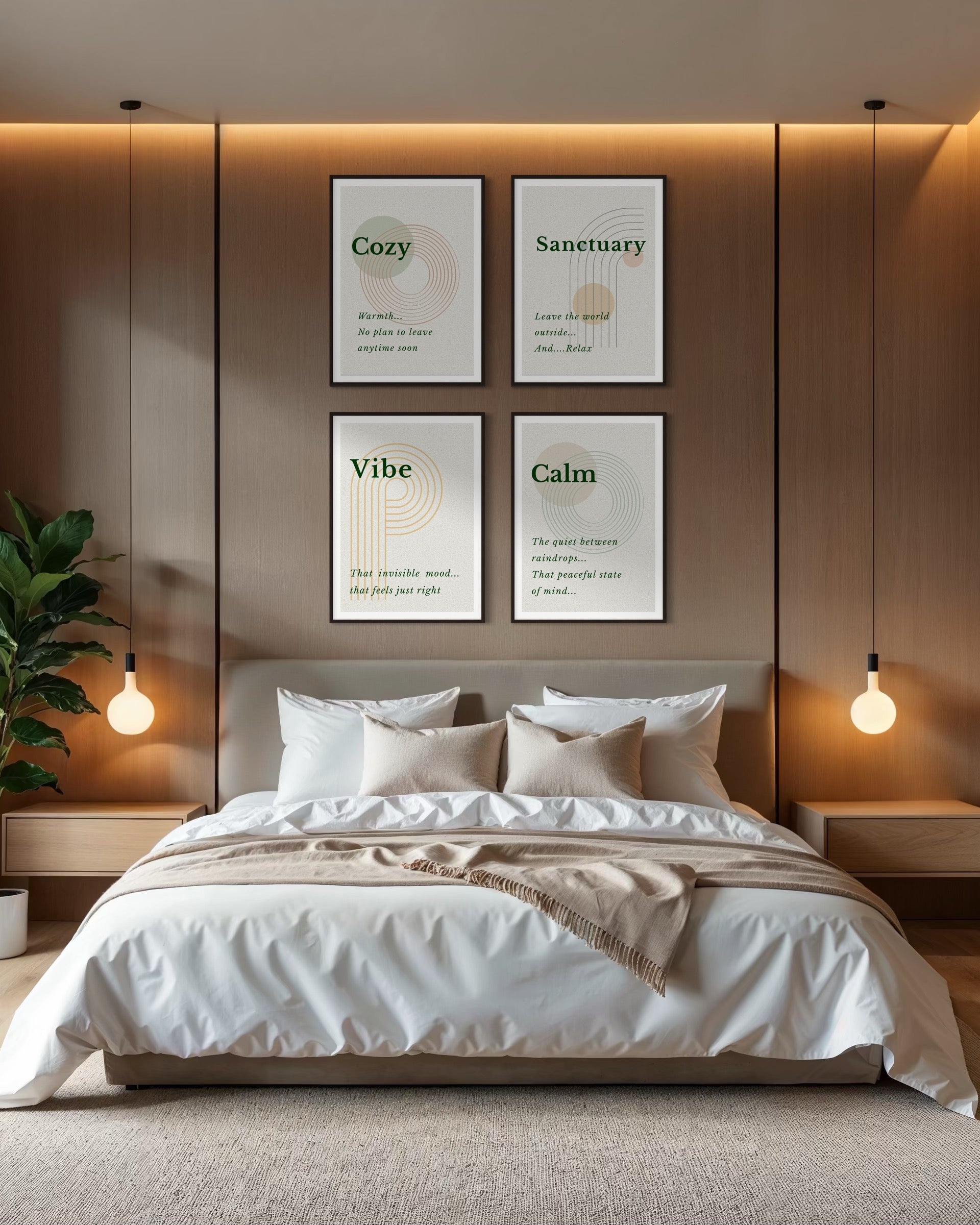Modern bedroom with a bed, wall art, and soft lighting