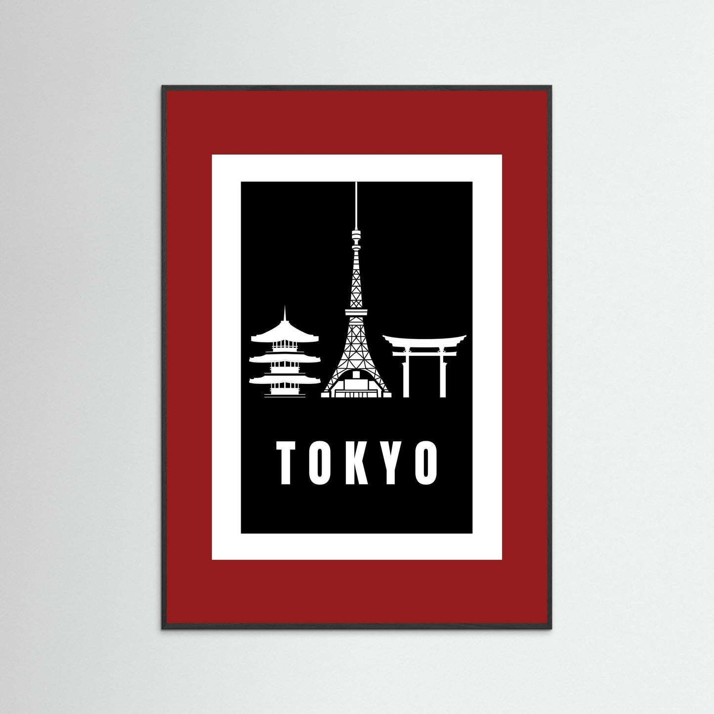 Tokyo Cityscape Art Print – Black Edition featuring pagoda, Tokyo Tower, and Torii gate. Framed with a deep red border.