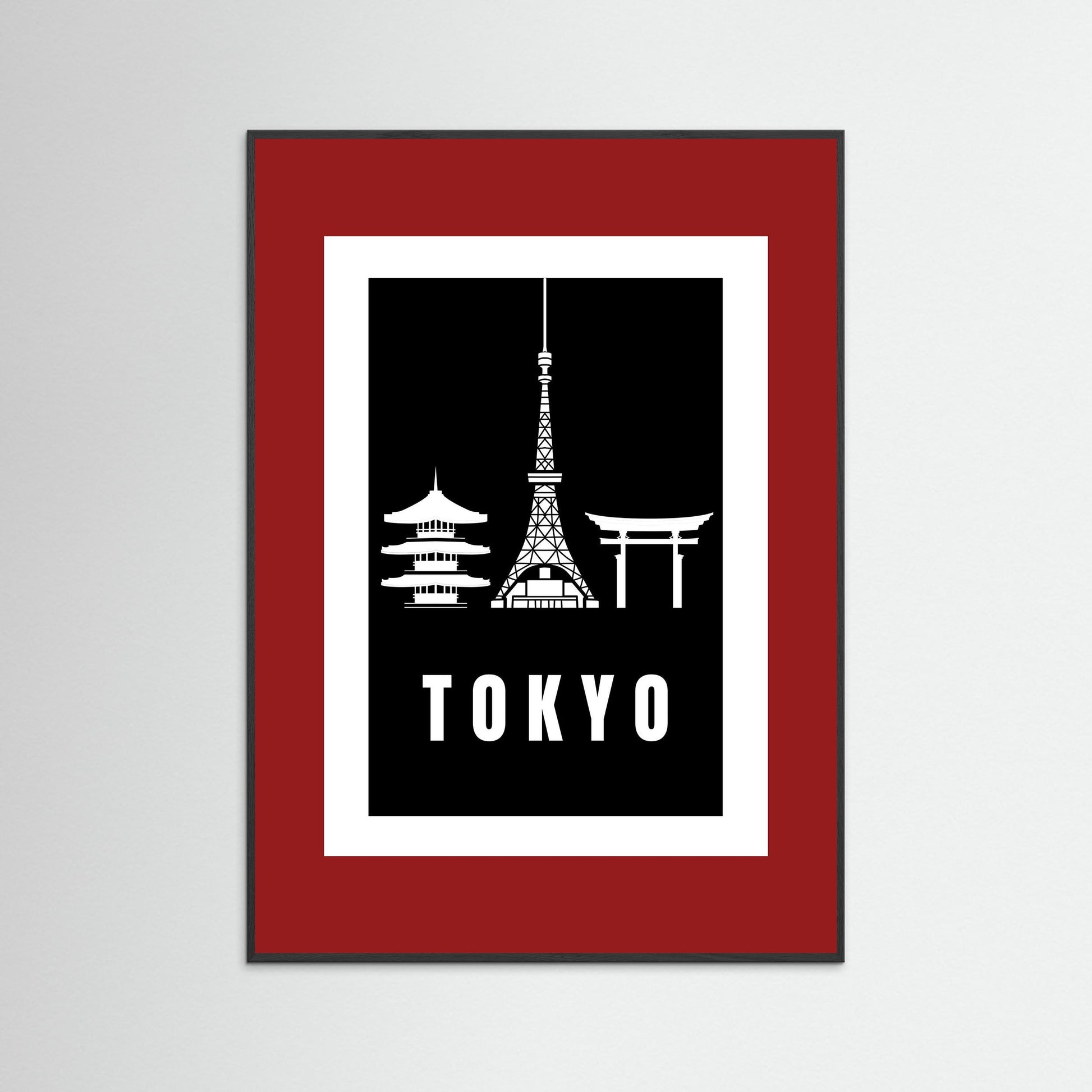 Tokyo Cityscape Art Print – Black Edition featuring pagoda, Tokyo Tower, and Torii gate. Framed with a deep red border.