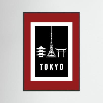 Tokyo Cityscape Art Print – Black Edition featuring pagoda, Tokyo Tower, and Torii gate. Framed with a deep red border.