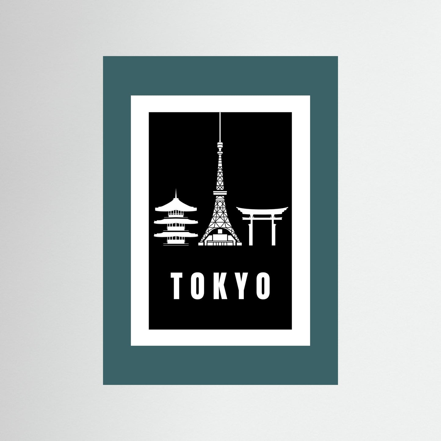 Tokyo Cityscape Art Print – Black Edition featuring pagoda, Tokyo Tower, and Torii gate. Unframed with a teal border