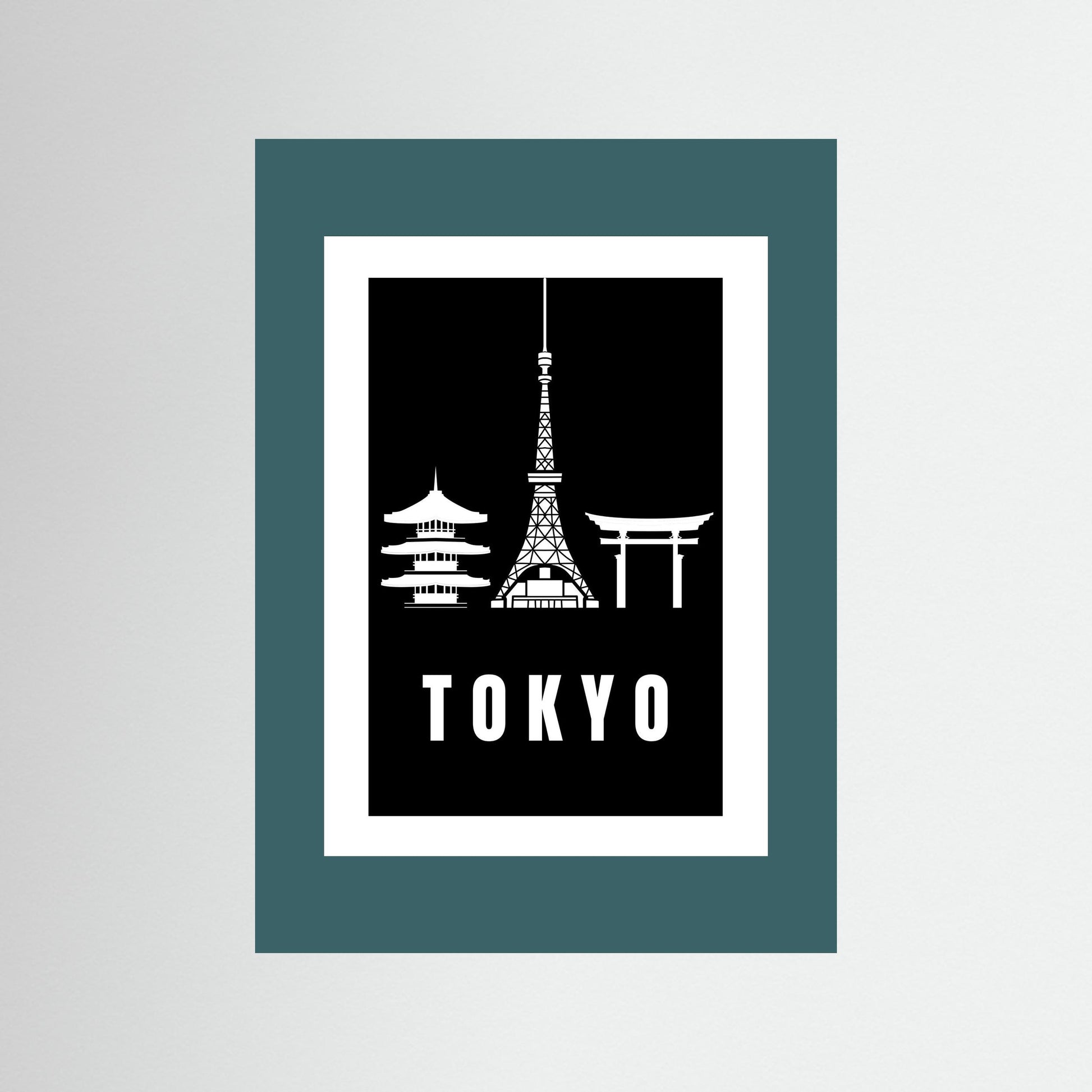 Tokyo Cityscape Art Print – Black Edition featuring pagoda, Tokyo Tower, and Torii gate. Unframed with a teal border