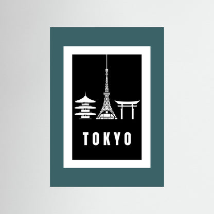 Tokyo Cityscape Art Print – Black Edition featuring pagoda, Tokyo Tower, and Torii gate. Unframed with a teal border