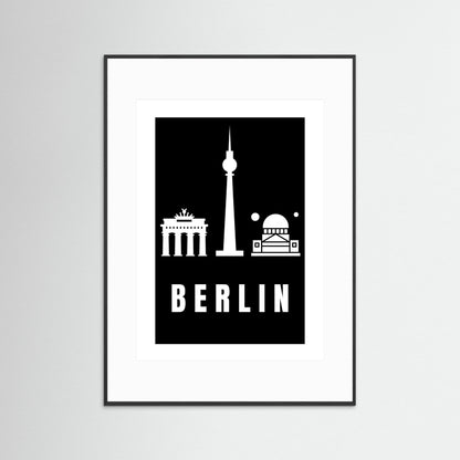 Framed poster with Berlin landmarks on a black background and a white border