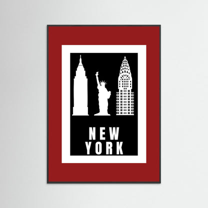 Framed artwork with silhouettes of New York landmarks on a black background with 'NEW YORK' text. with a deep red border
