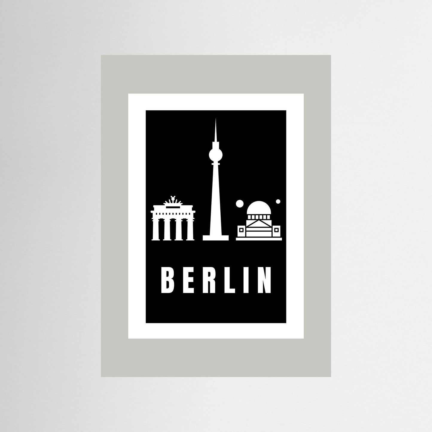 Unframed poster with Berlin landmarks on a black background with light grey border.