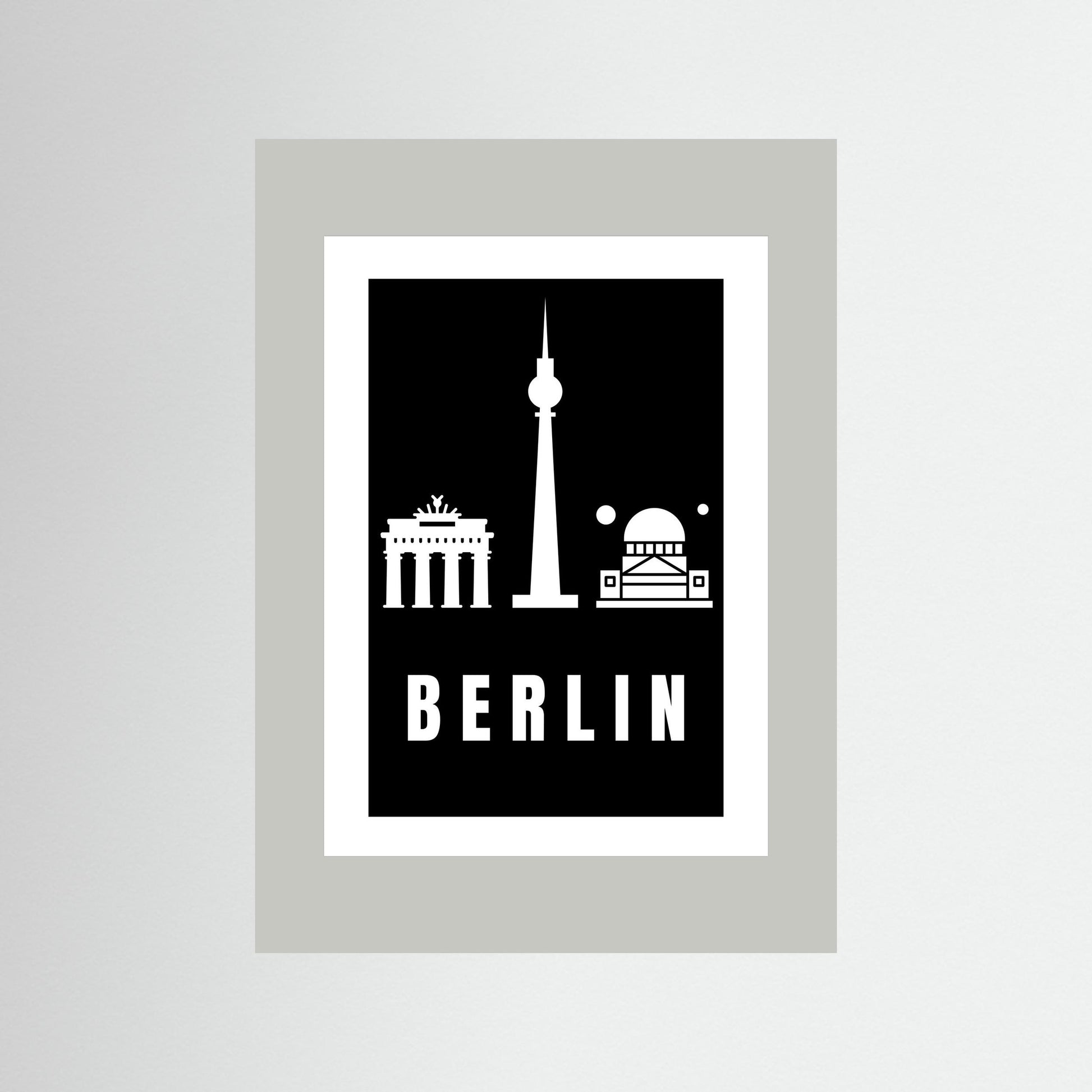 Unframed poster with Berlin landmarks on a black background with light grey border.