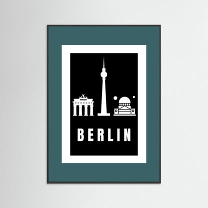 Framed poster with Berlin landmarks on a black background and a teal border.
