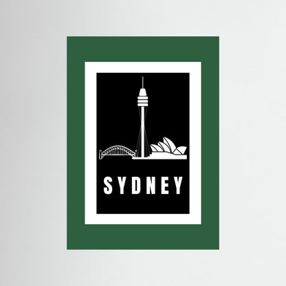 Unframed artwork with Sydney skyline silhouette and 'Sydney' text on a black background with a dark green border