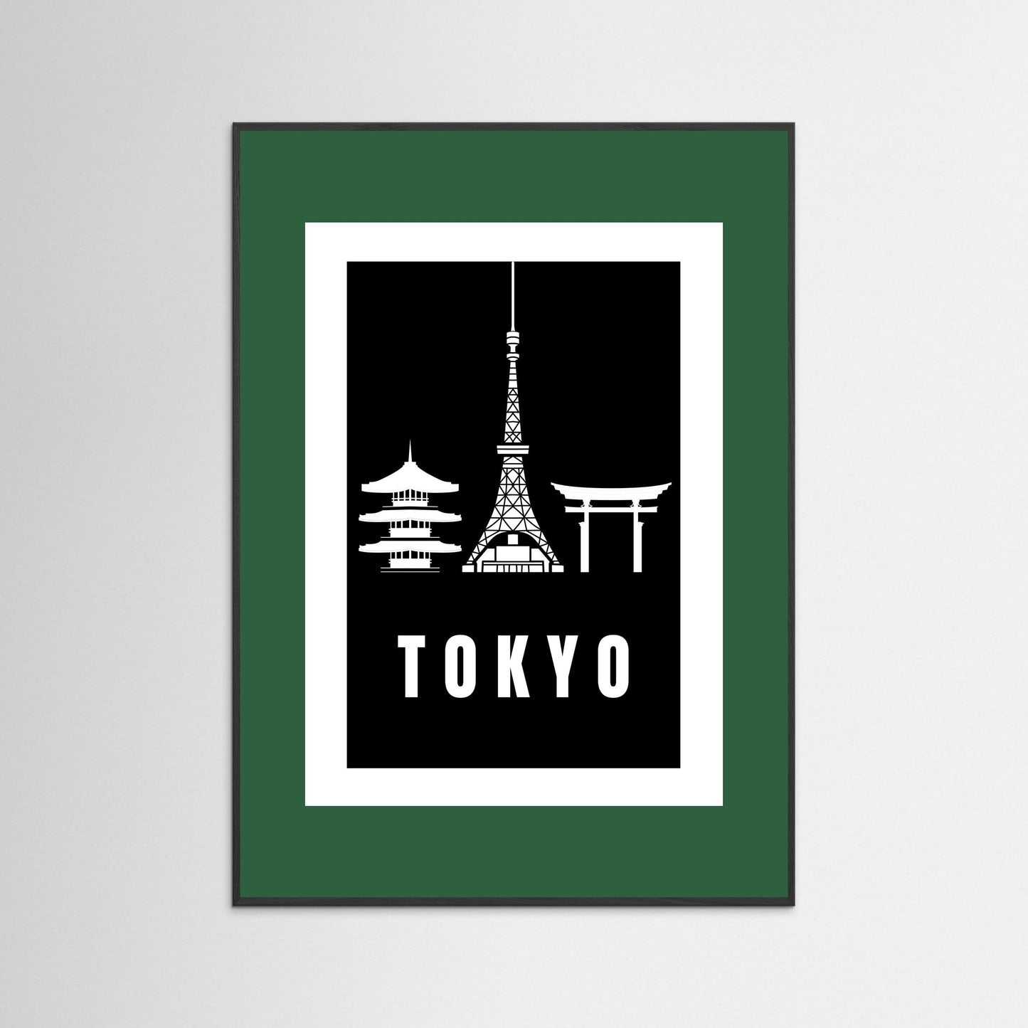 Tokyo Cityscape Art Print – Black Edition featuring pagoda, Tokyo Tower, and Torii gate. Framed with dark green border.