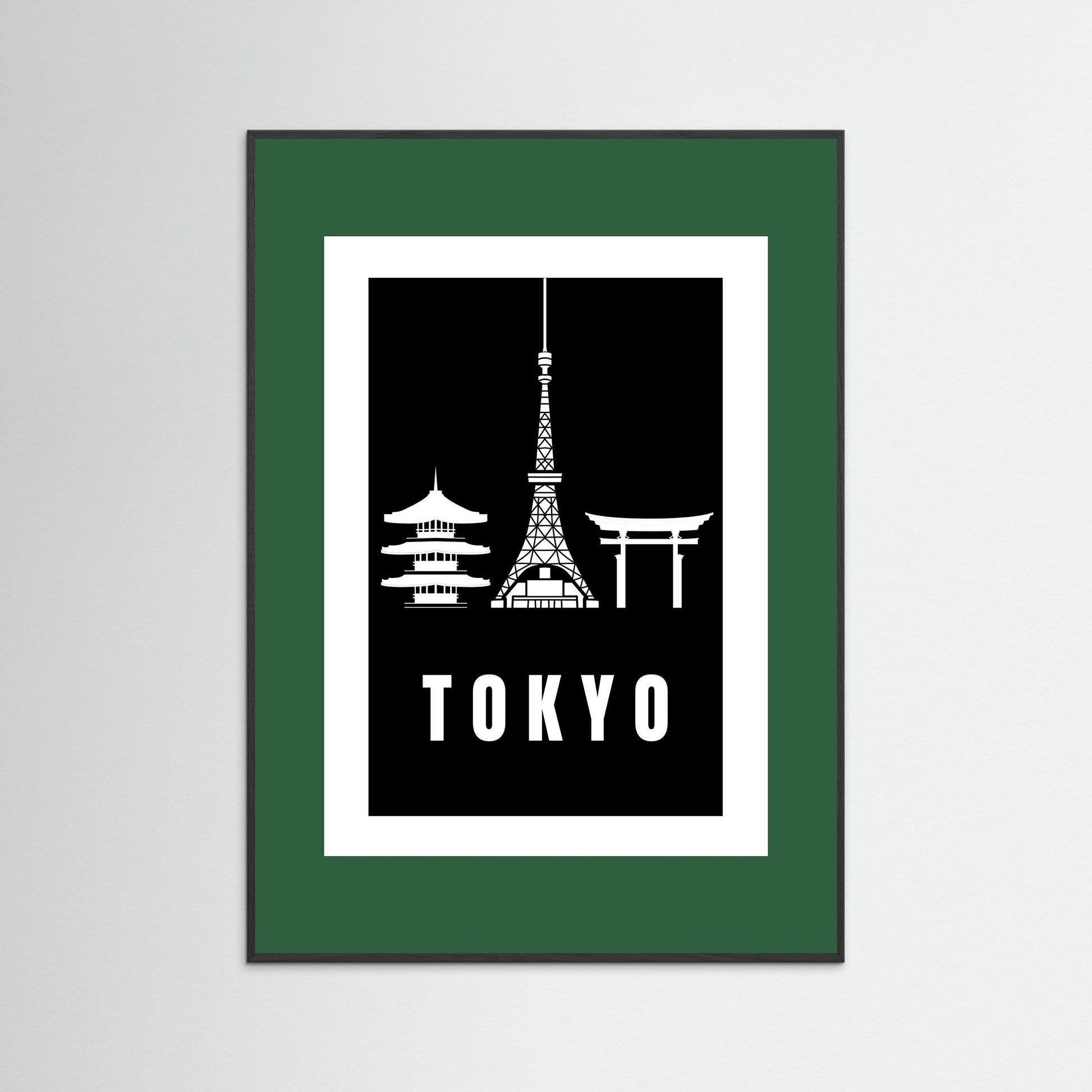 Tokyo Cityscape Art Print – Black Edition featuring pagoda, Tokyo Tower, and Torii gate. Framed with dark green border.