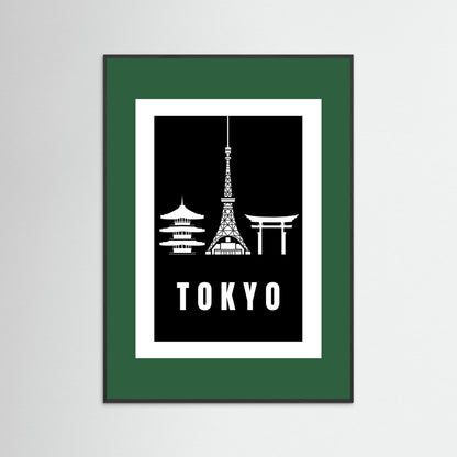 Tokyo Cityscape Art Print – Black Edition featuring pagoda, Tokyo Tower, and Torii gate. Framed with dark green border.