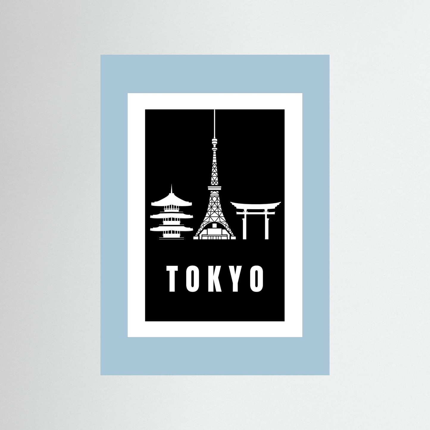 Tokyo Cityscape Art Print – Black Edition featuring pagoda, Tokyo Tower, and Torii gate. unframed with pale blue border