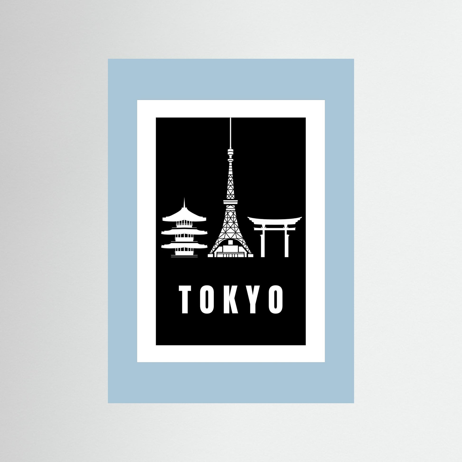 Tokyo Cityscape Art Print – Black Edition featuring pagoda, Tokyo Tower, and Torii gate. unframed with pale blue border