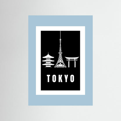 Tokyo Cityscape Art Print – Black Edition featuring pagoda, Tokyo Tower, and Torii gate. unframed with pale blue border