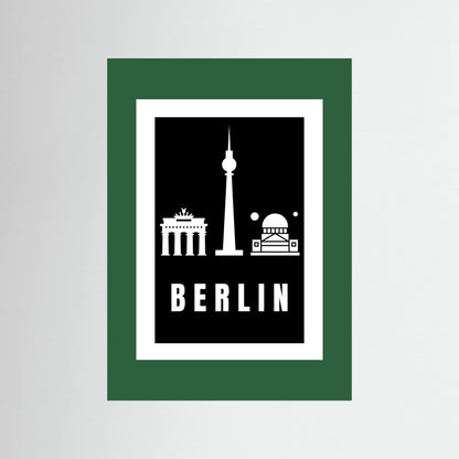 Unframed poster with Berlin landmarks and 'BERLIN' text on a black background with a dark green border