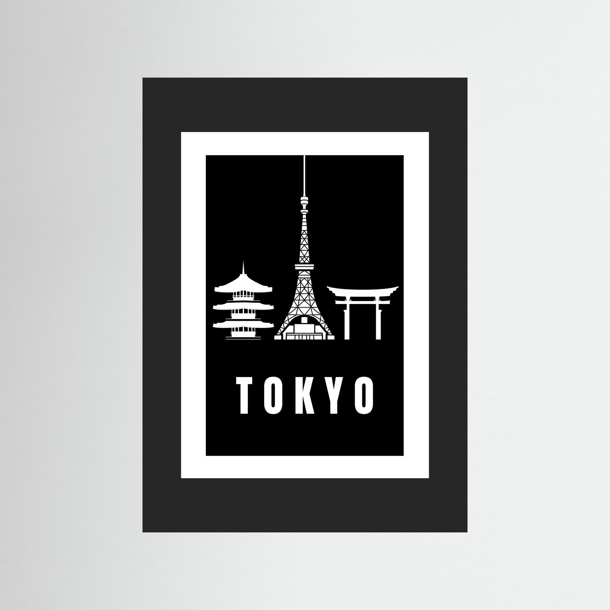 Tokyo Cityscape Art Print – Black Edition featuring pagoda, Tokyo Tower, and Torii gate. unframed with black border