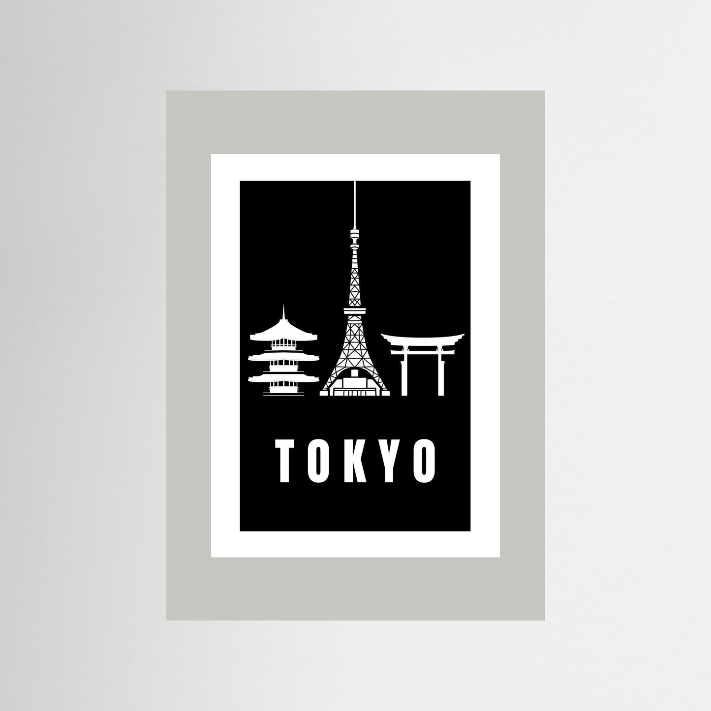 Tokyo Cityscape Art Print – Black Edition featuring pagoda, Tokyo Tower, and Torii gate. Unframed with a light grey border.