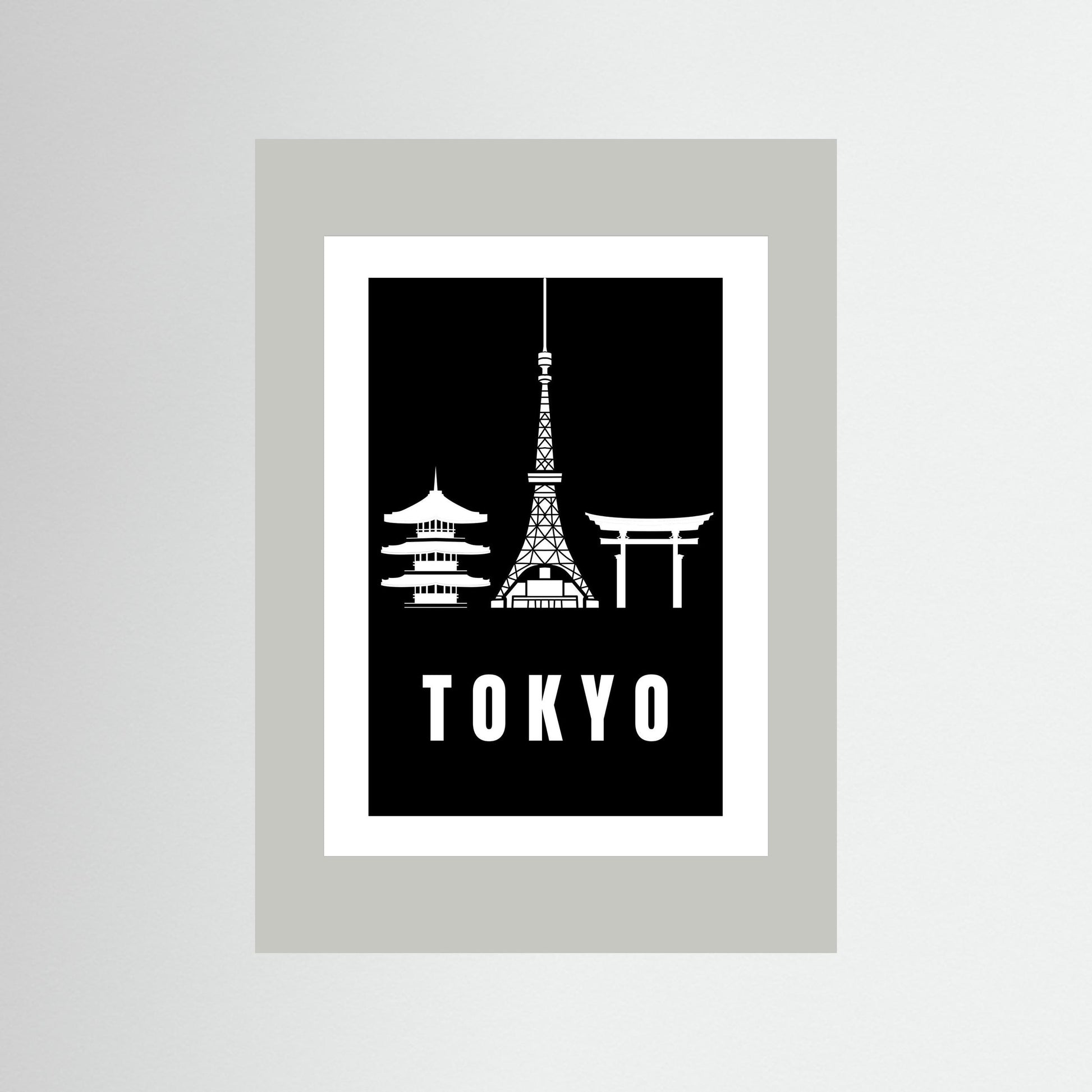 Tokyo Cityscape Art Print – Black Edition featuring pagoda, Tokyo Tower, and Torii gate. Unframed with a light grey border.
